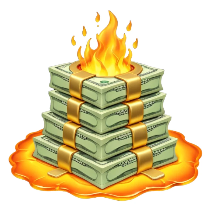 Transform the stack of money into lava money: make the bills appear to be melting and turning into glowing, molten lava with realistic textures and dramatic lighting. Keep the background transparent. The style should reflect a realistic molten lava effect with glowing and melting details. sticker