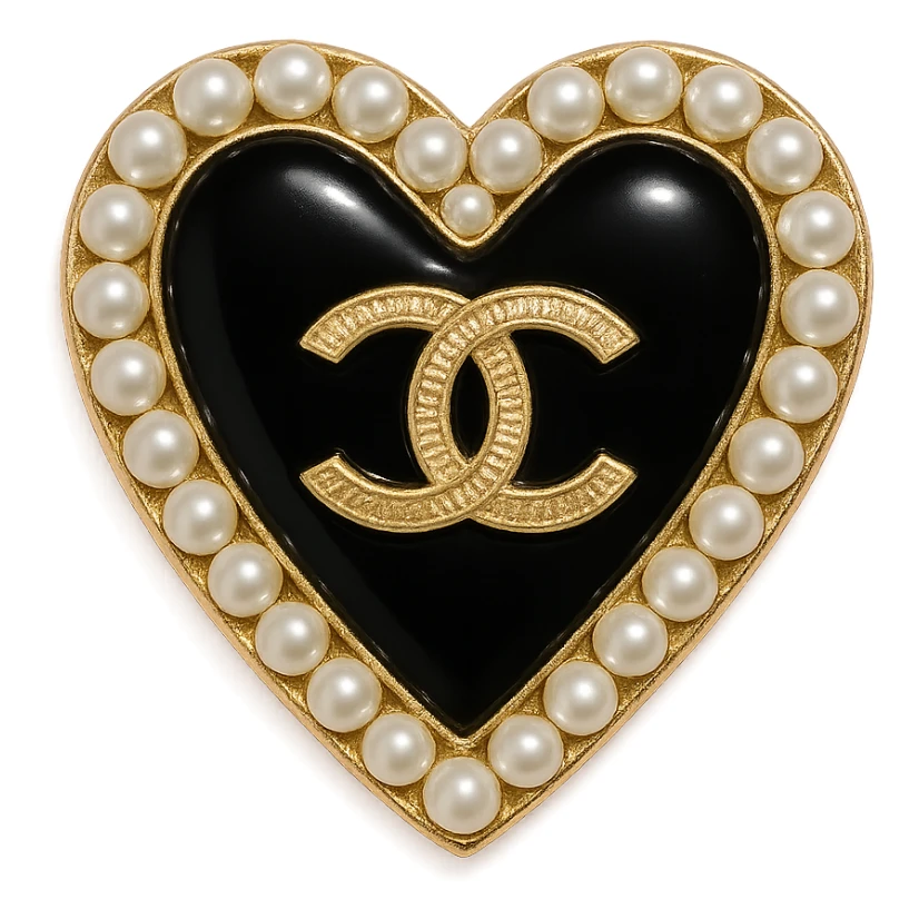  only the elegant heart with pearls and gold Chanel logo,  with no background. black pink,  sticker