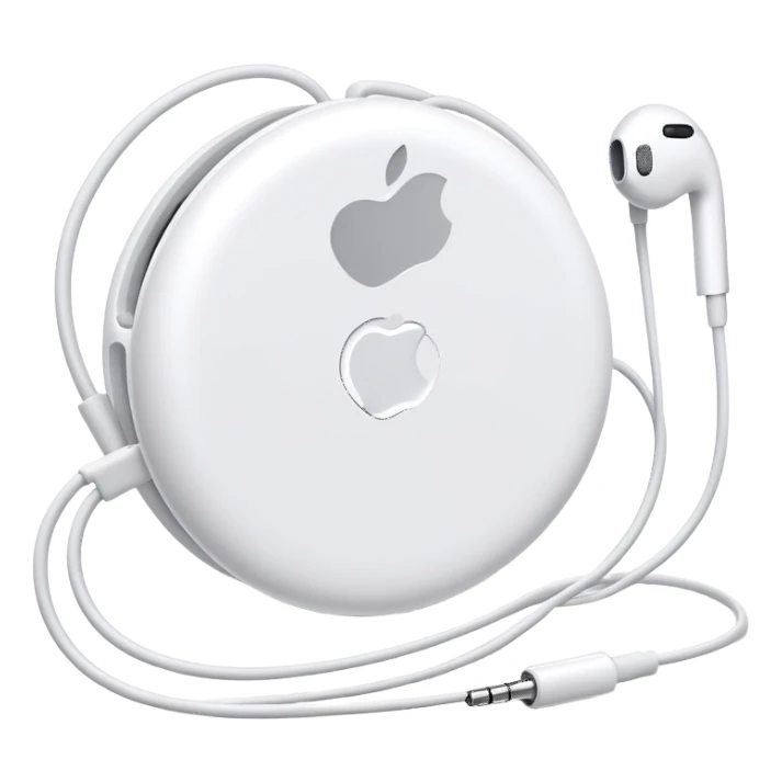 White Apple EarPods with cord coiled in a circle, white wired headphones neatly wrapped in circular shape, iOS style sticker