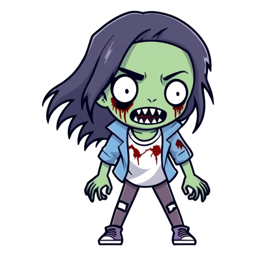 girl zombie with black long hair with teeth and serious face sticker