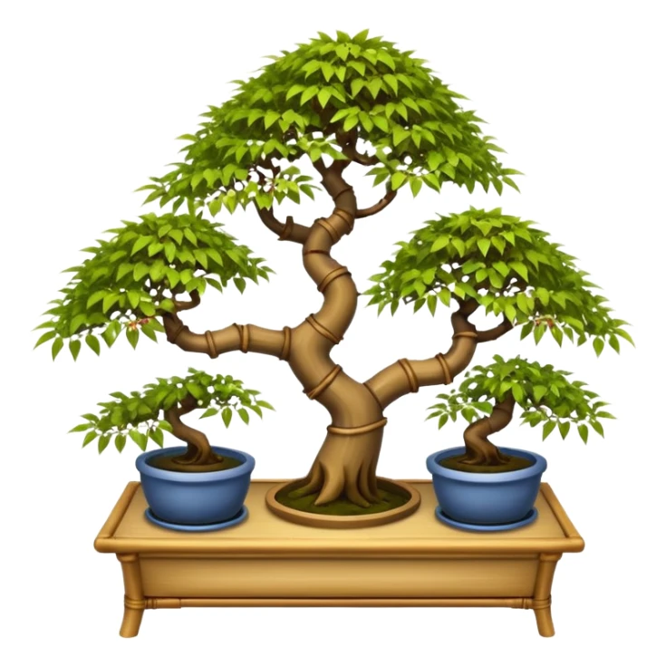 Twisted bamboo floor shelf unit stand displaying maples and hawthorns bonsai plants(in shallow bonsai pots) cluttered because they have too many  sticker