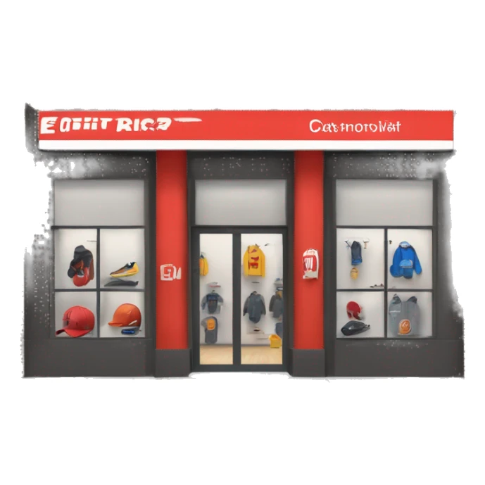 “Sports store exterior with a sleek design, large windows displaying athletic gear, bold signage, and an inviting entrance with modern doors.” sticker