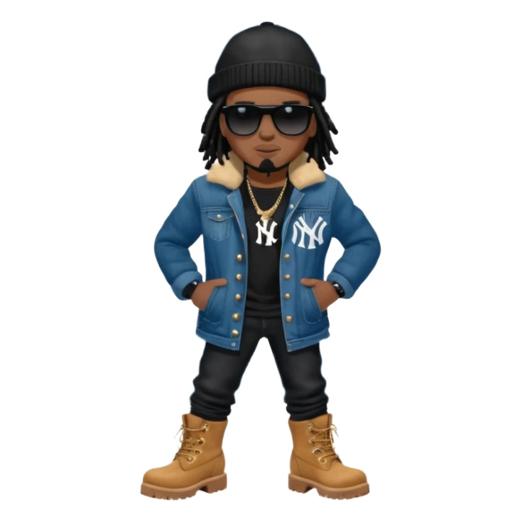 African American man with shoulder length black dreadlocks with black bead wearing black sunglasses with wearing denim skinny jeans wearing black bubble winter coat wearing black New York Yankees baseball hat and wheat timberland boots with arms folded sticker
