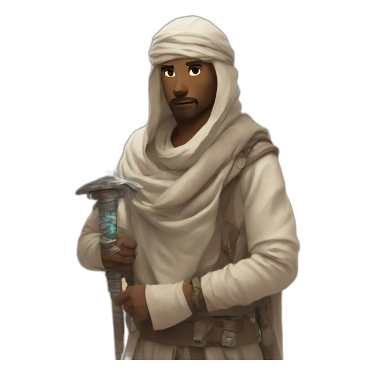 desert man wearing shimagh and handling a cyberpunk sword sticker