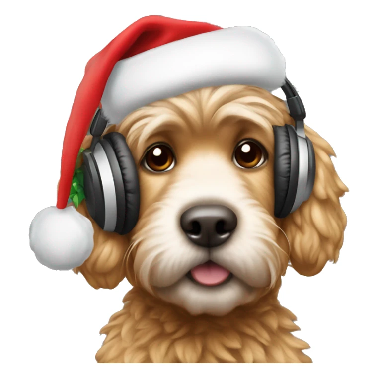 A cocka poo wearing head phones and a Christmas hat  sticker