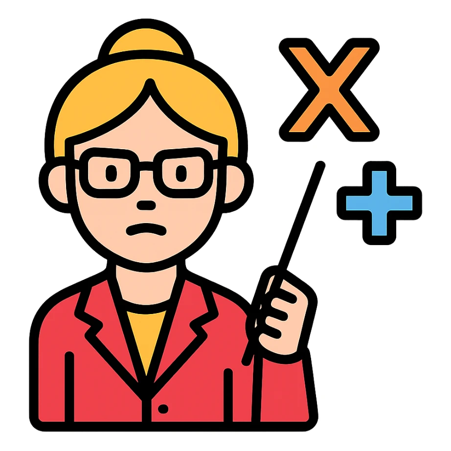 strict and fair senior category math teacher, blonde woman with glasses sticker