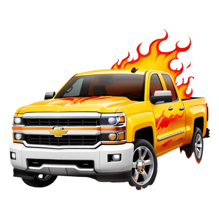 Bright yellow Chevrolet Silverado with professionally airbrushed red flame artwork with orange highlights, custom paint job like in Kill Bill, 30-degree angle showing detailed flames, iOS emoji style sticker