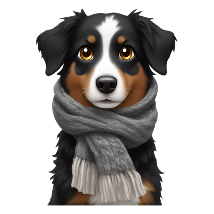 Small black australian shepherd dog wearing a knit scarf sticker