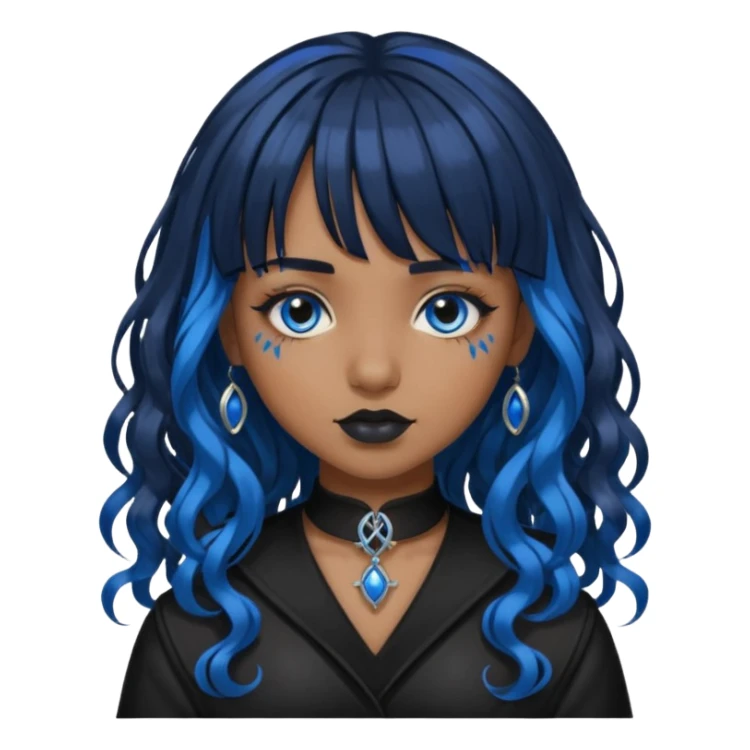 Uma garota parda com cabelo cacheado longo e com franja cabelo preto com mechas azul e estilo gótica sticker