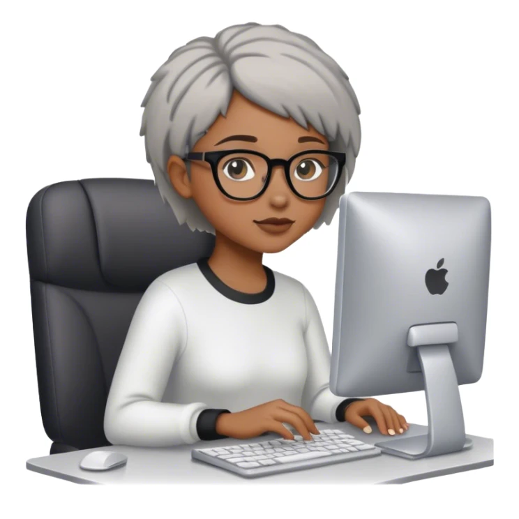Light skinned Black girl with glasses short natural gray haircut working on computer sticker