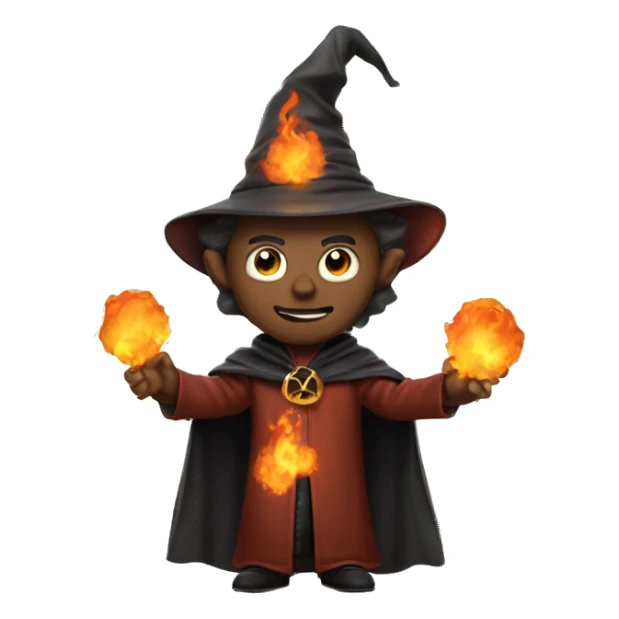 Human demonologist in a wizard costume, surrounded by a fiery halo, Halloween theme, emoji sticker