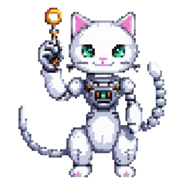 pixel art cat with a robotic arm, retro gaming vibe sticker