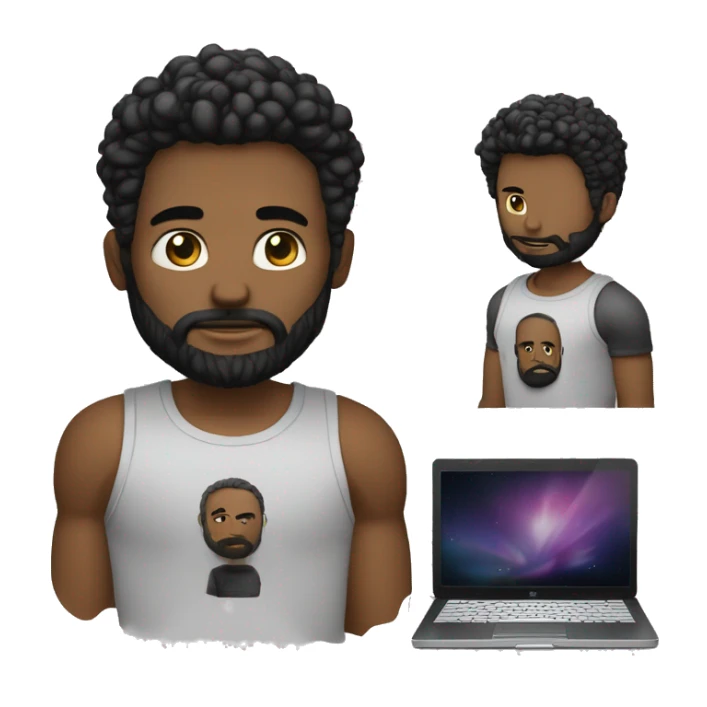 Emojy d'un homme, avec l'ordinateur portable devant, style Apple, moderne, une légère barbe bien taillée, des cheveux chauves, un t-shirt Marvel noir, un ordinateur à la main sticker