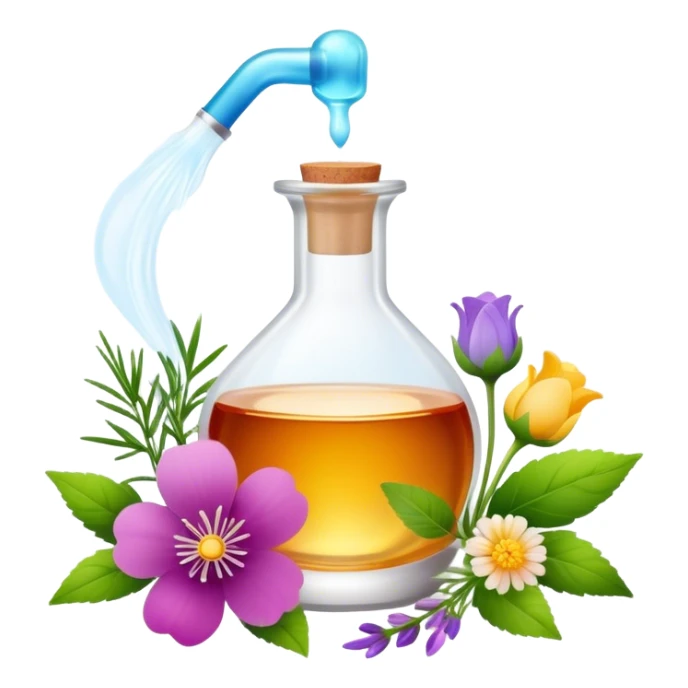 Perfume making icon, delicate glass bottle being filled with colorful essential oils from droppers, swirling mist rising from the bottle, flowers and herbs nearby, minimalistic style, clean lines, transparent background. sticker