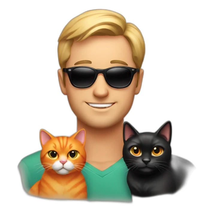 polish man in sunglasses holding one orange cat and one black cat sticker