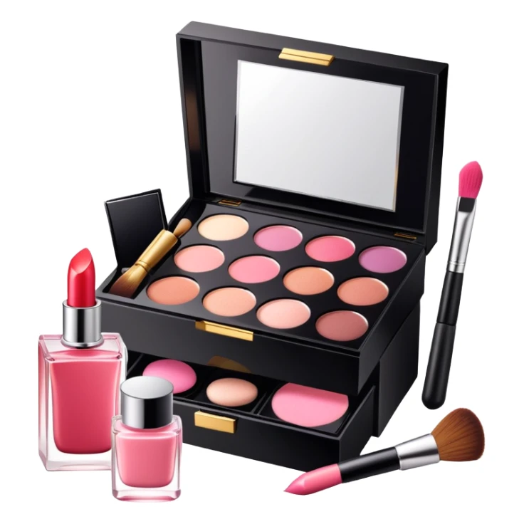 an open box with makeup brushes, compact powder, and perfume bottle spilling out sticker