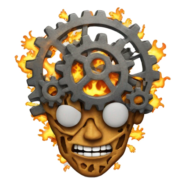 A brain made out of gears with flames licking out from between the gears sticker