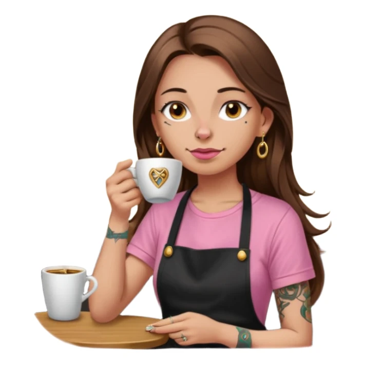 Fille cheveux long châtain, peau beige type européen, teeshirt rose avec un tablier noir, piercing au nez anneau doré, boucle d’oreille diamant doré. Elle boit un café. tatouage à la gorge  sticker