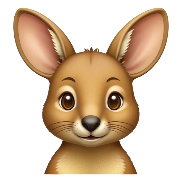 Cinematic Cute Wallaby Portrait Emoji, Head tilted playfully and inquisitively, featuring a glossy tan fur with delicate brown accents and a charming, alert expression, round, sparkling eyes filled with gentle curiosity, Simplified yet irresistibly adorable features, highly detailed, glowing with a warm, friendly glow, high shine, affectionate and bouncy, stylized with a touch of outback whimsy, bright and endearing, soft glowing outline, capturing the essence of a mischievous yet loving wallaby, so playful it feels like it could skip out of the screen into your arms! sticker