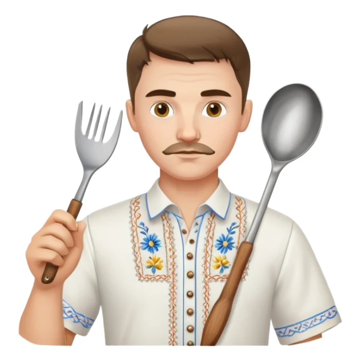 Ukrainian man in traditional white embroidered shirt holding a ladle and kitchen shears sticker