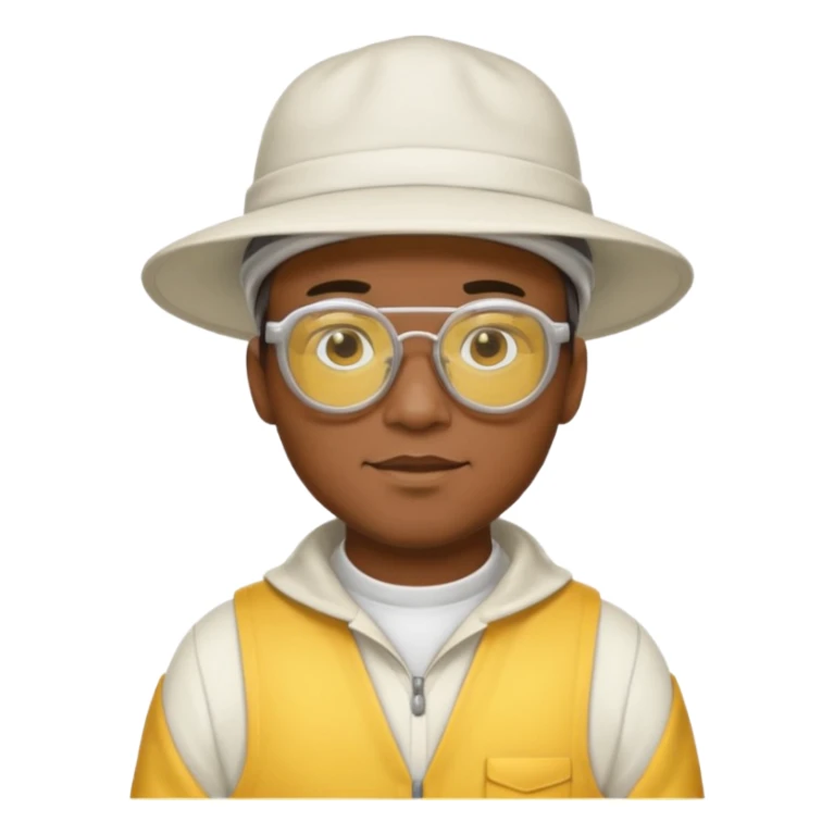 black male bee keeper with white hat and yellow glasses, white outfit,  sticker