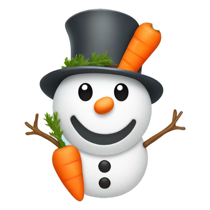 Snowman with a hat, branches as arms and a happy face with a carrot as a nose sticker