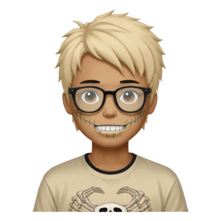 anime hair guy with skeleton makeup. wearing a stussy tshirt with glasses sticker