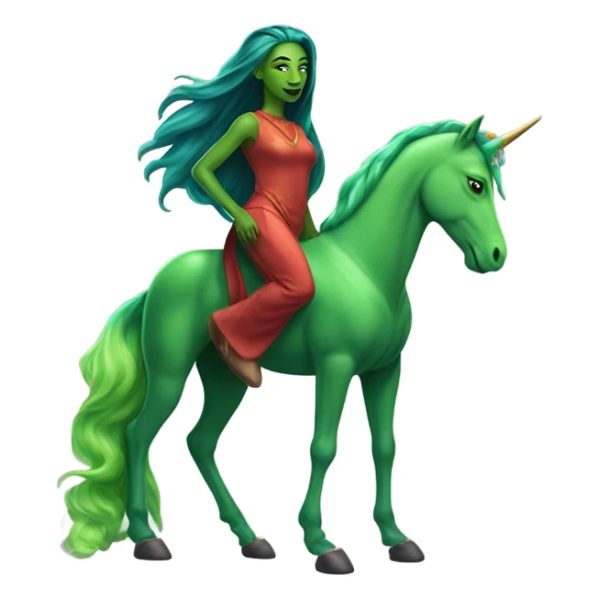 four-legged red unicorn a green amazon alien woman, on a unicorn sticker