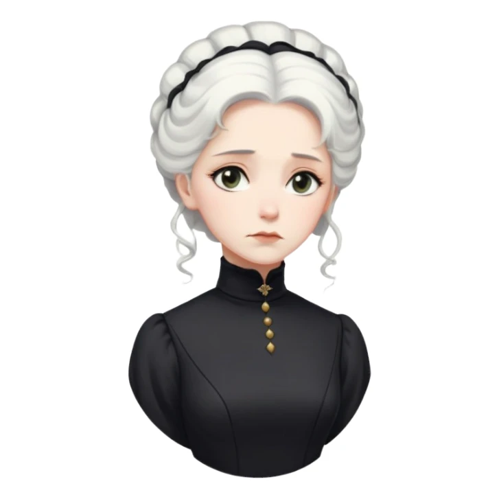 A Victorian woman with elegant coiffed white hair and light eyes wearing a modest unaccessorized black turtleneck mourning dress looking down with a forlorn expression sticker