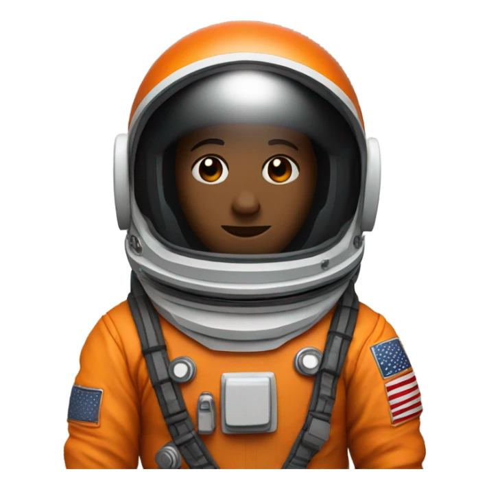 Astronaut wearing orange suit, and black helmet with no visible face, tinted black visor sticker