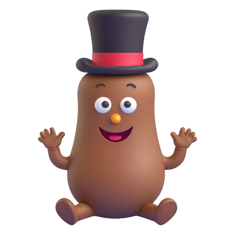 whimsical poop character with a top hat, cheerful sticker