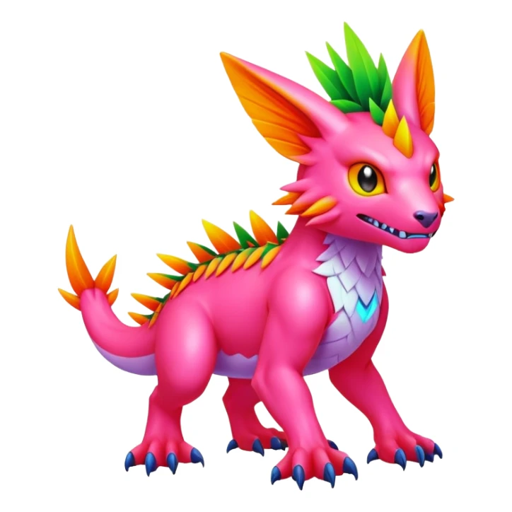 Tropical lush warm-colored neon-colored Digimon-Fionbri-creature sticker