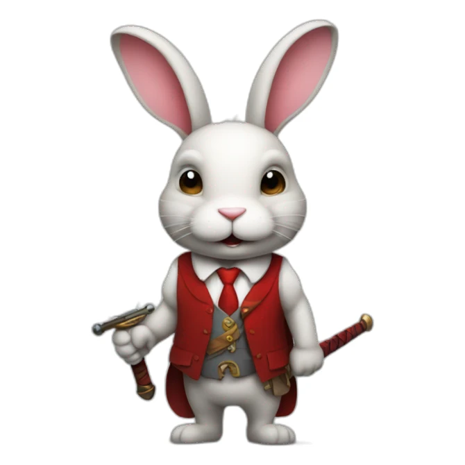 Bunny with sword in back with rugged smiley face with red tie in his neck sticker
