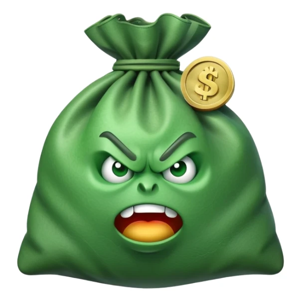 angry bag of money with dollar sign sticker
