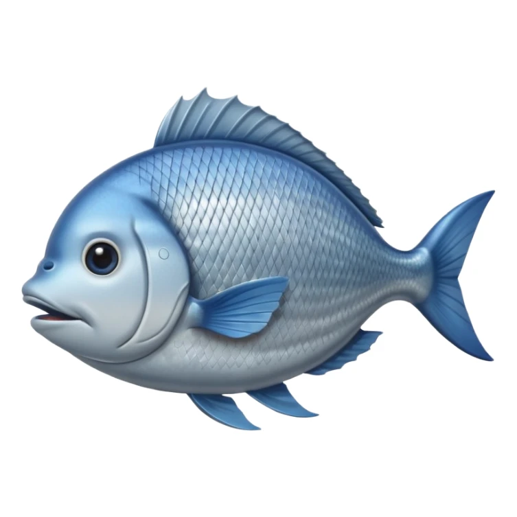 whole dorade fish, arched body, shiny silver with blue-grey top, pale belly, detailed eye, fins, tail, mouth closed, fresh look, no plate, ice, or garnish, clean 3D, soft lighting, transparent background, emoji scale sticker