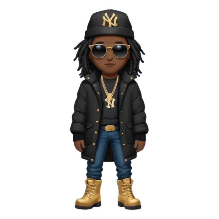 African American man with shoulder length black dreadlocks and black sunglasses wearing a black New York Yankees baseball hat wearing a black bubble winter coat with denim skinny jeans and timberland boots wearing a crown sticker