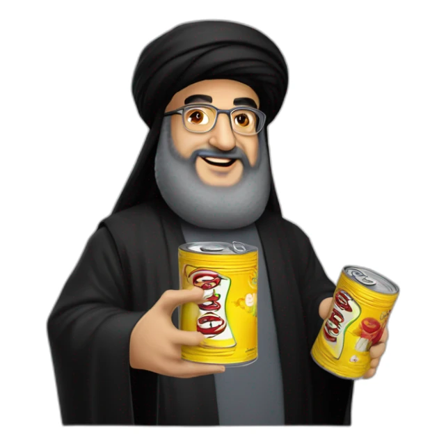 hassan nasrallah holding a can of مرتديلا هنا (صحية و مغذية) sticker