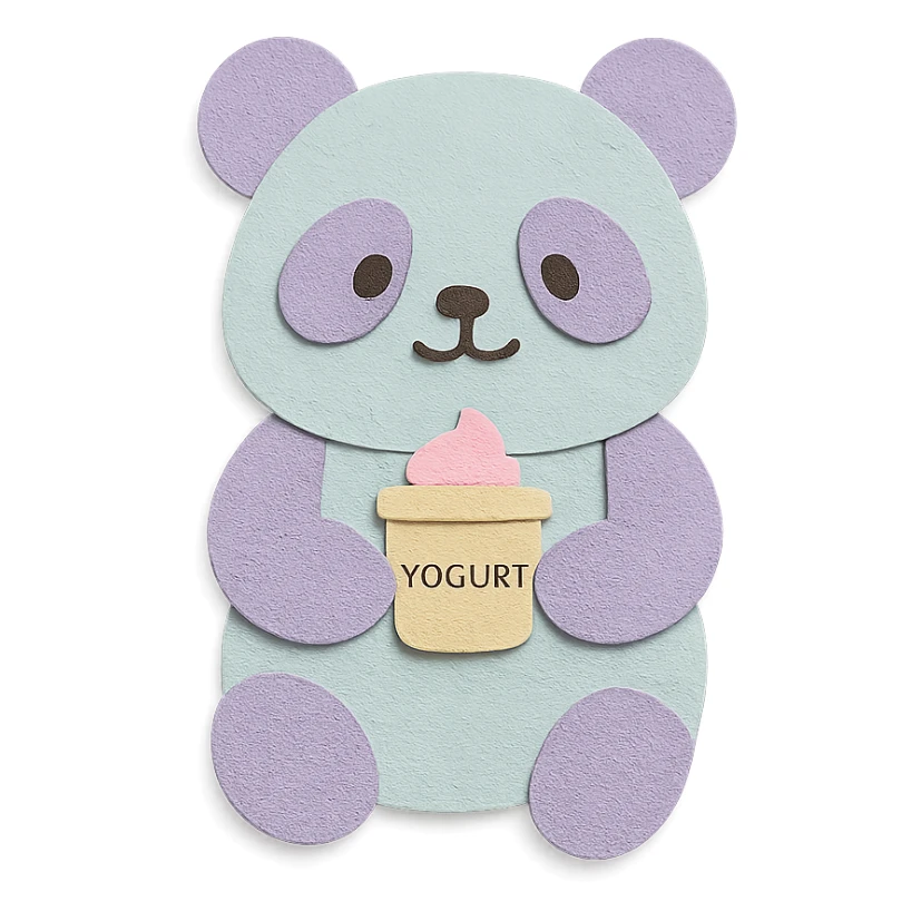 pastel-colored yogurt maker panda holding a tiny yogurt cup, full-body sticker