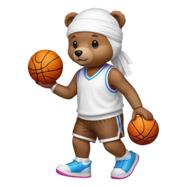 Full-body standing brown bear wearing a white durag on its head and cool colorful basketball sneakers on its feet, cute emoji style sticker