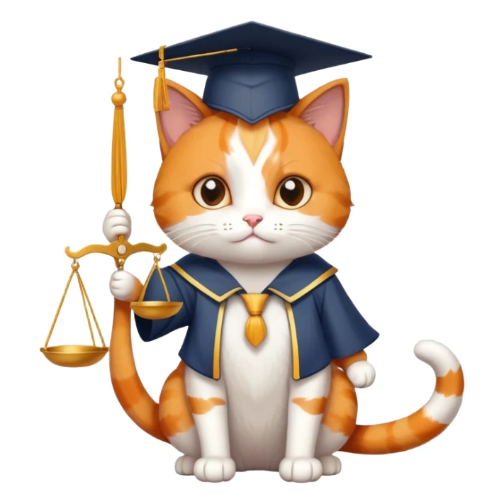cat wearing a graduation cap, holding the scales of justice up with its tail sticker