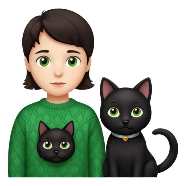 kid with brown eyes, flat brown hair, vintage sweater, with black wavy-haired black dog and black straight-haired cat with green eyes in Apple emoji style sticker