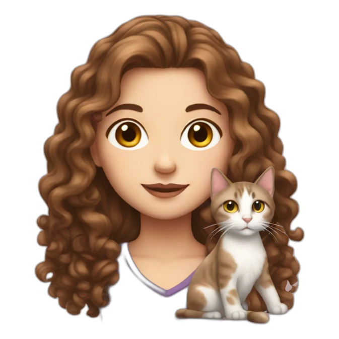 White Girl with long curly brown hair with a cat sticker