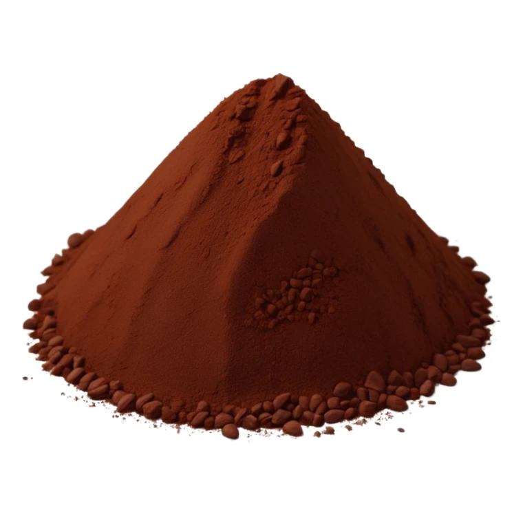 heap of cocoa powder, deep brown, finely ground, velvety texture, uneven edges, no spoon, clean, 3D, soft shadows, subtle lighting, realistic but stylized, no packaging, no text, no extra elements, transparent background, emoji scale sticker
