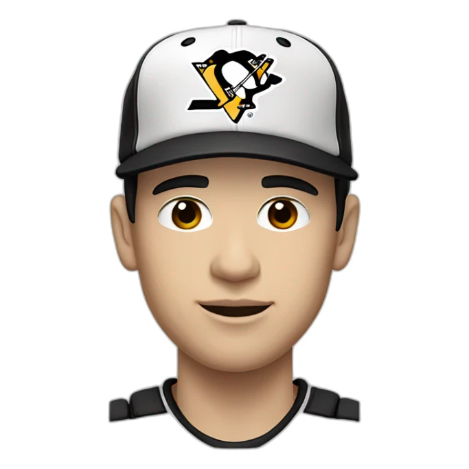 pale man with dark hair wearing a baseball cap with a pittsburgh penguins logo sticker