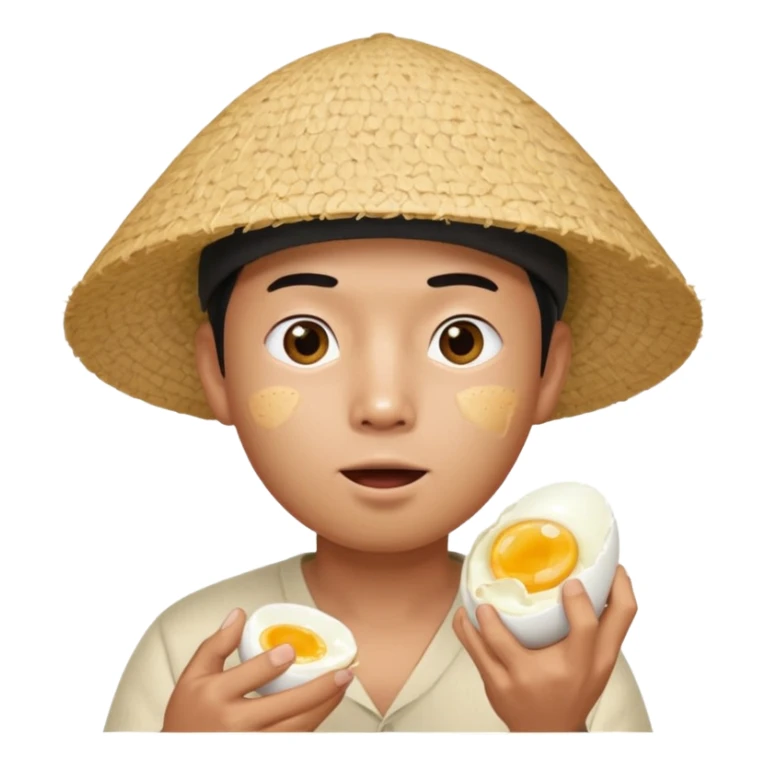 Asian guy with a rice hat eating an egg sticker