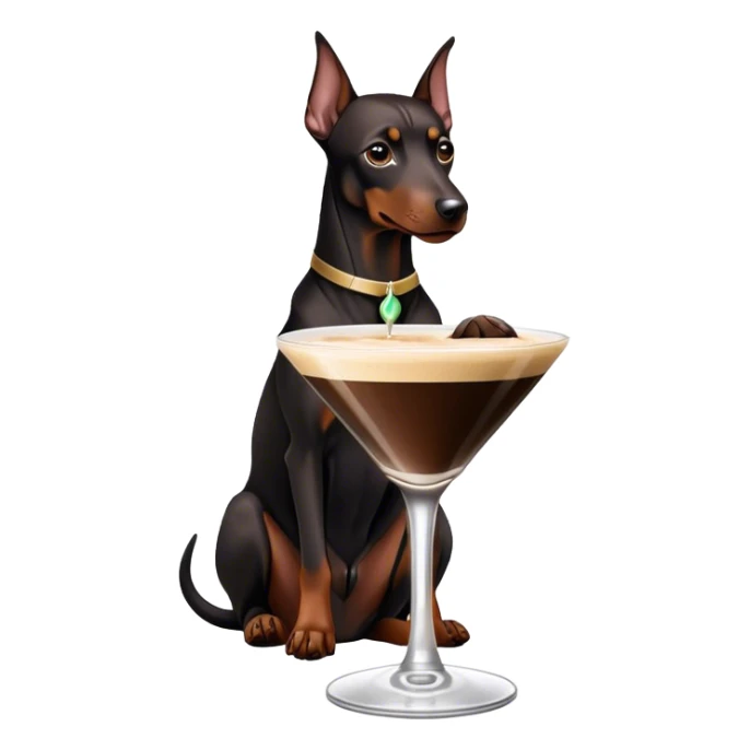 Black Miniature Doberman with cropped ears, sitting in espresso martini sticker