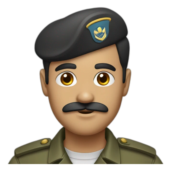 Person with a small, thin mustache, dark hair combed to the side, prominent eyebrows, wearing a military shirt sticker