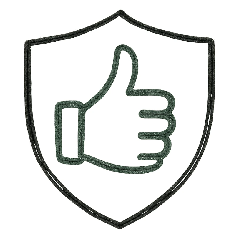 minimalist green thumbs up emoji inside shield, light blue background, conveying message all is well and safe sticker