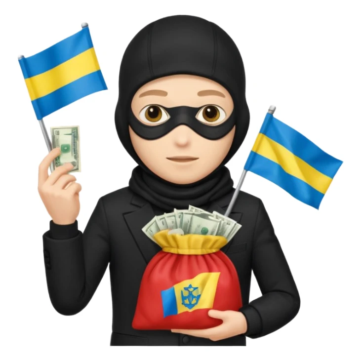 create an incredibly realistic white thief in a black suit and balaclava with a bag of money and a Ukrainian flag on it sticker