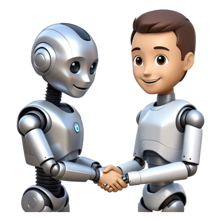 Futuristic emoji: a man and a humanoid robot shaking hands in a friendly manner. The man is smiling, and the robot looks friendly. Minimalistic background, 3D style, realistic details. sticker